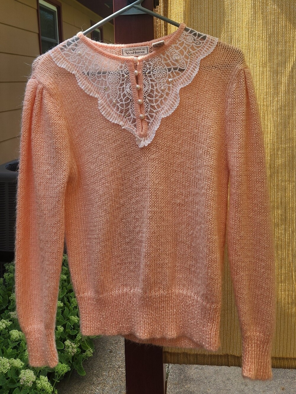 VTG Charlotte VanHorne Peach Lace Collar/Bib Sweater Sz M